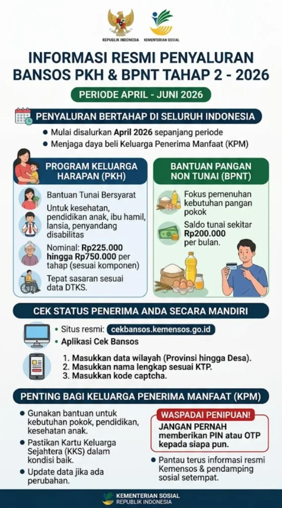 Bansos PKH dan BPNT Tahap 2 April 2026 Mulai Disalurkan, Simak Jadwal dan Cara Cek Statusnya