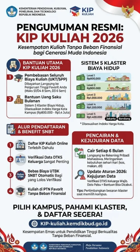 5 Klaster Biaya Hidup KIP Kuliah 2026: Rincian Lengkap Rp800 Ribu hingga Rp1,4 Juta & Aturan Terbaru