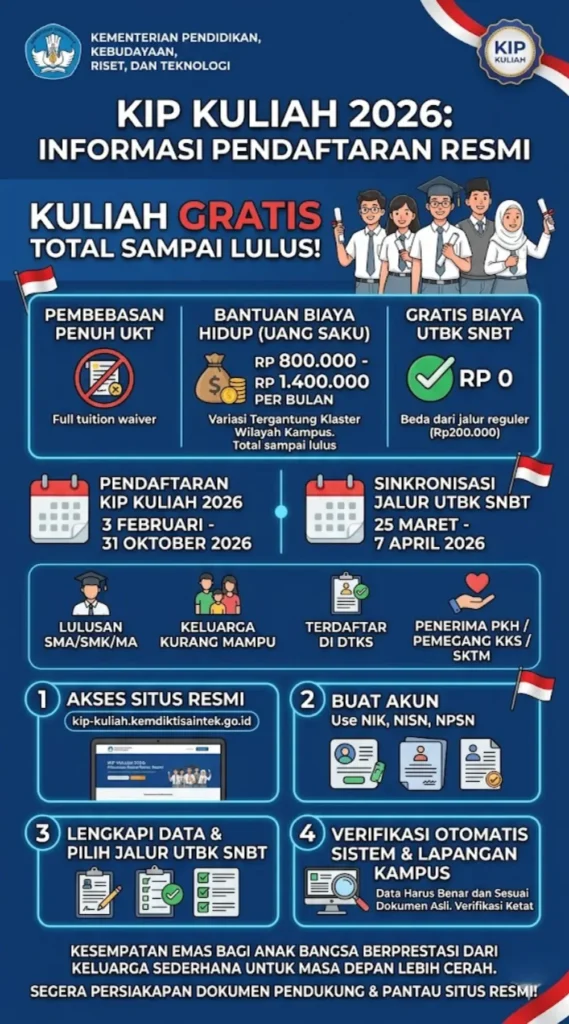 Syarat Lengkap dan Cara Daftar KIP Kuliah 2026 Jalur UTBK SNBT agar Kuliah Gratis Total Sampai Lulus