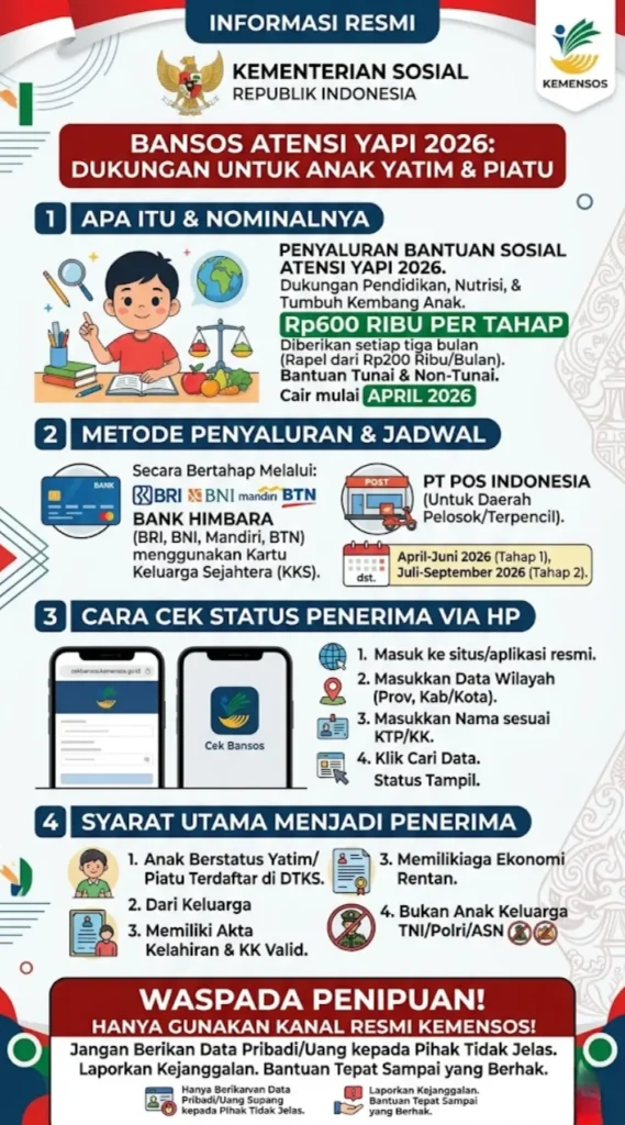 Kabar Gembira! Bansos ATENSI YAPI 2026 Cair Rp600 Ribu Mulai April, Segera Cek Syarat & Jadwalnya